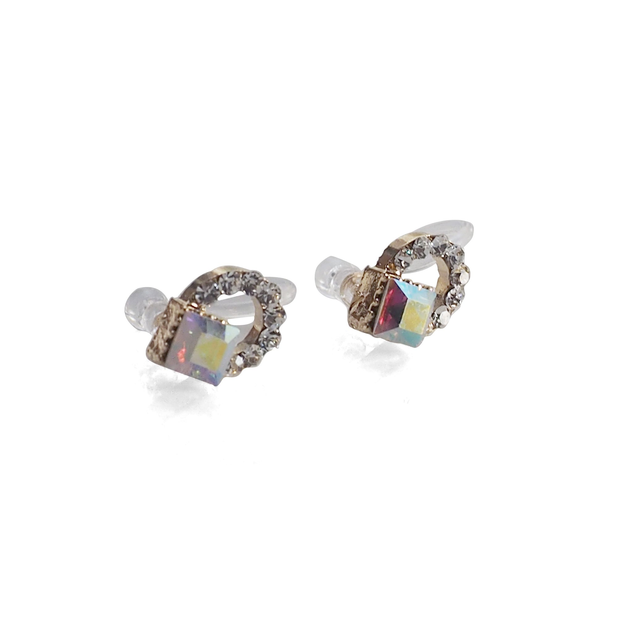 Aurora Borealis Swarovski Hoop Rhinestone Invisible Clip On Stud Earrings - miyabigracejewelry.com