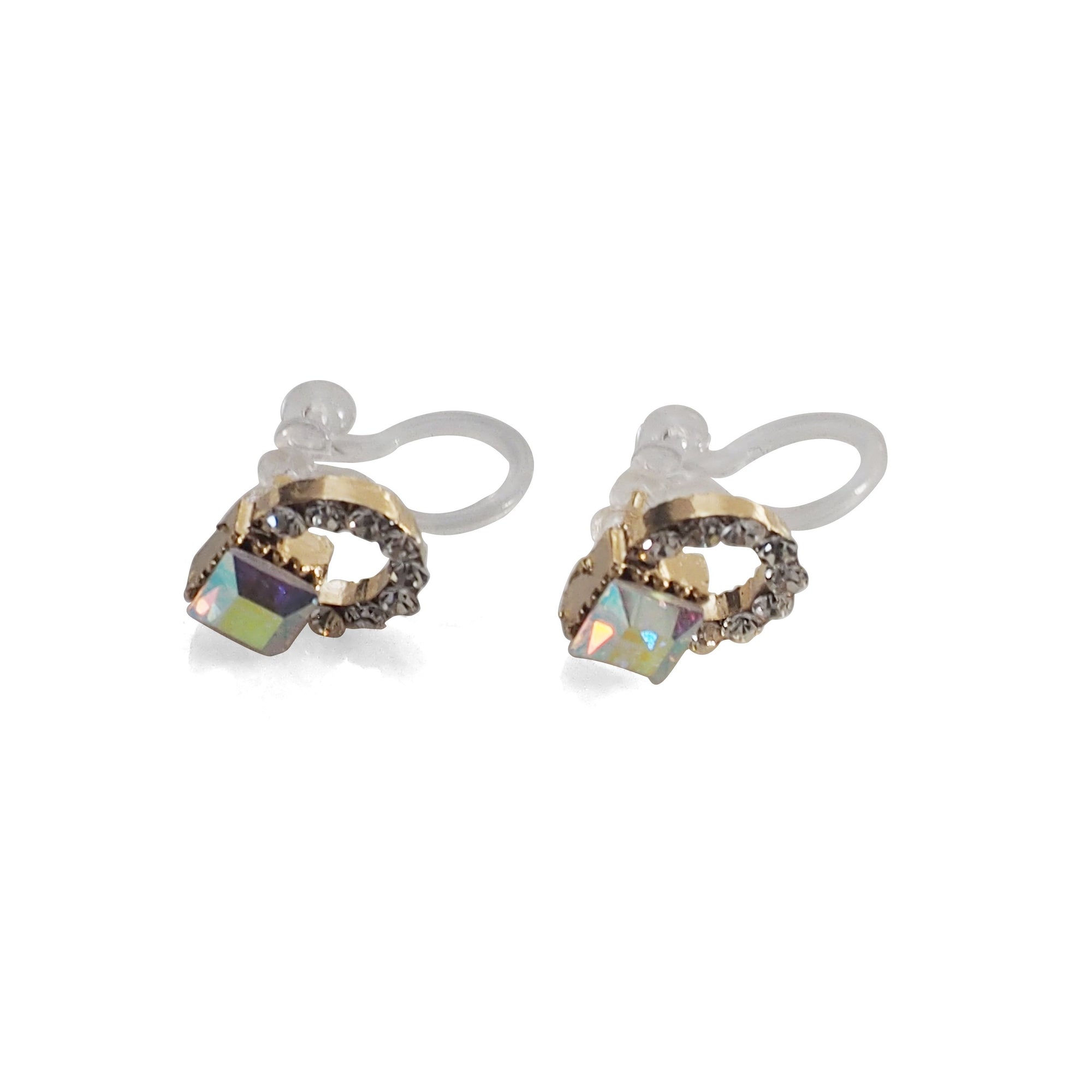 Aurora Borealis Swarovski Hoop Rhinestone Invisible Clip On Stud Earrings - miyabigracejewelry.com