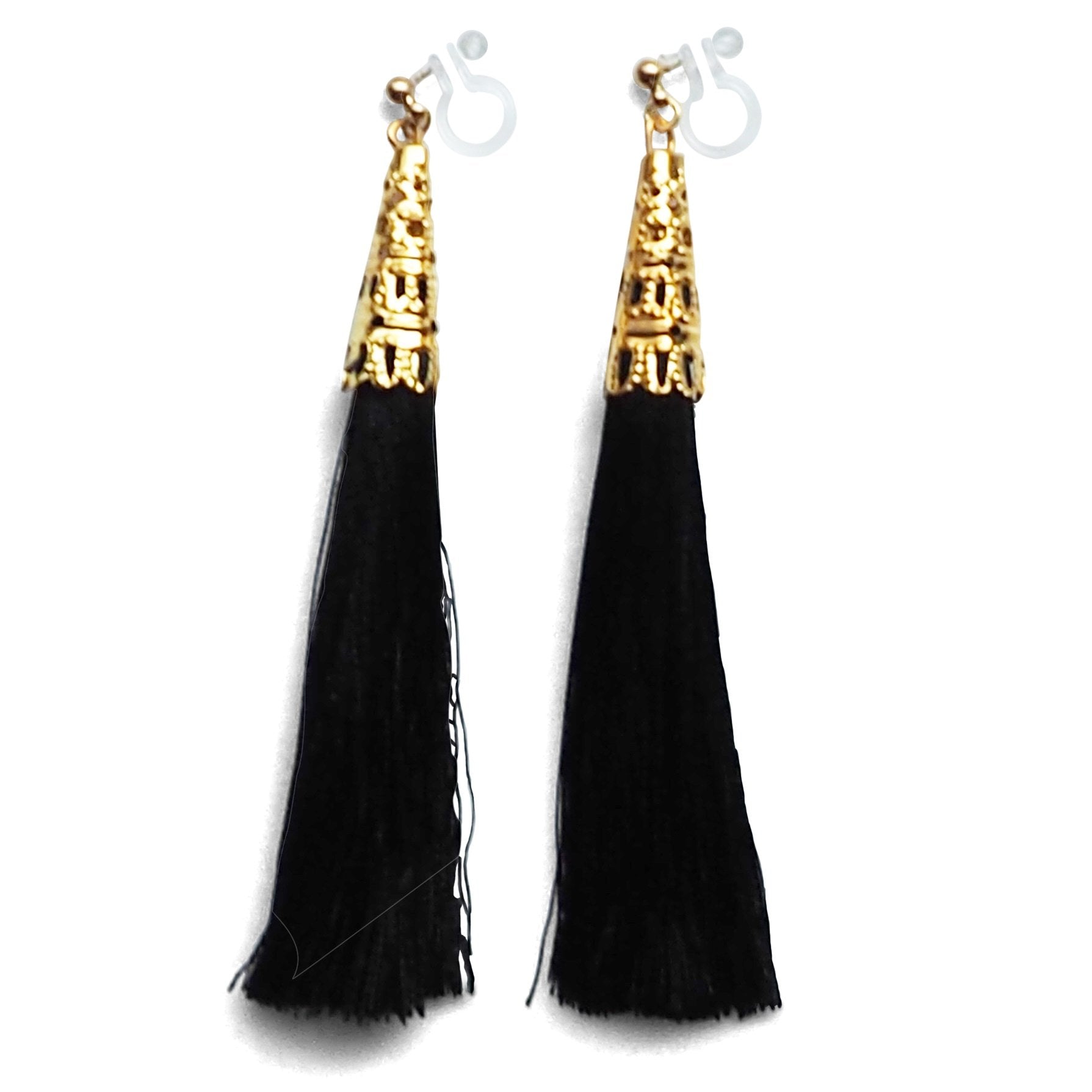 Long Black Tassel Invisible Clip On Earrings - miyabigracejewelry.com