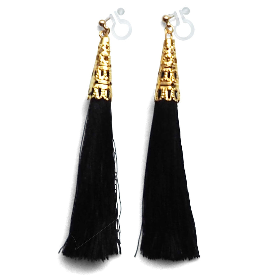 Long Black Tassel Invisible Clip On Earrings - miyabigracejewelry.com