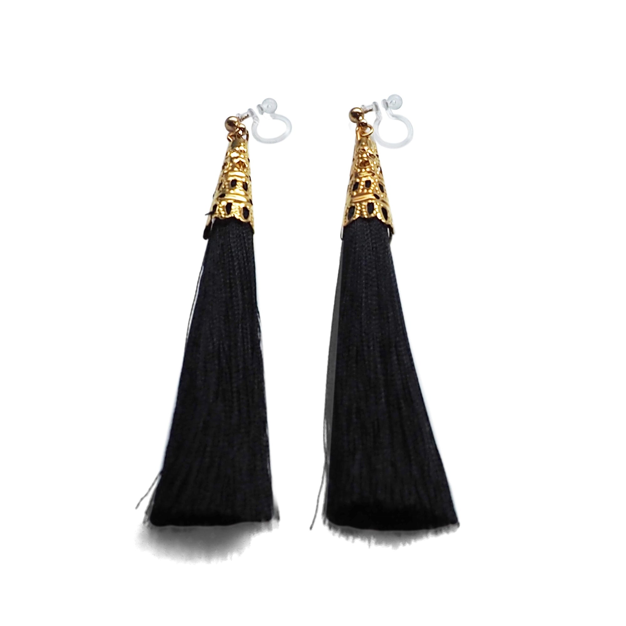 Long Black Tassel Invisible Clip On Earrings - miyabigracejewelry.com