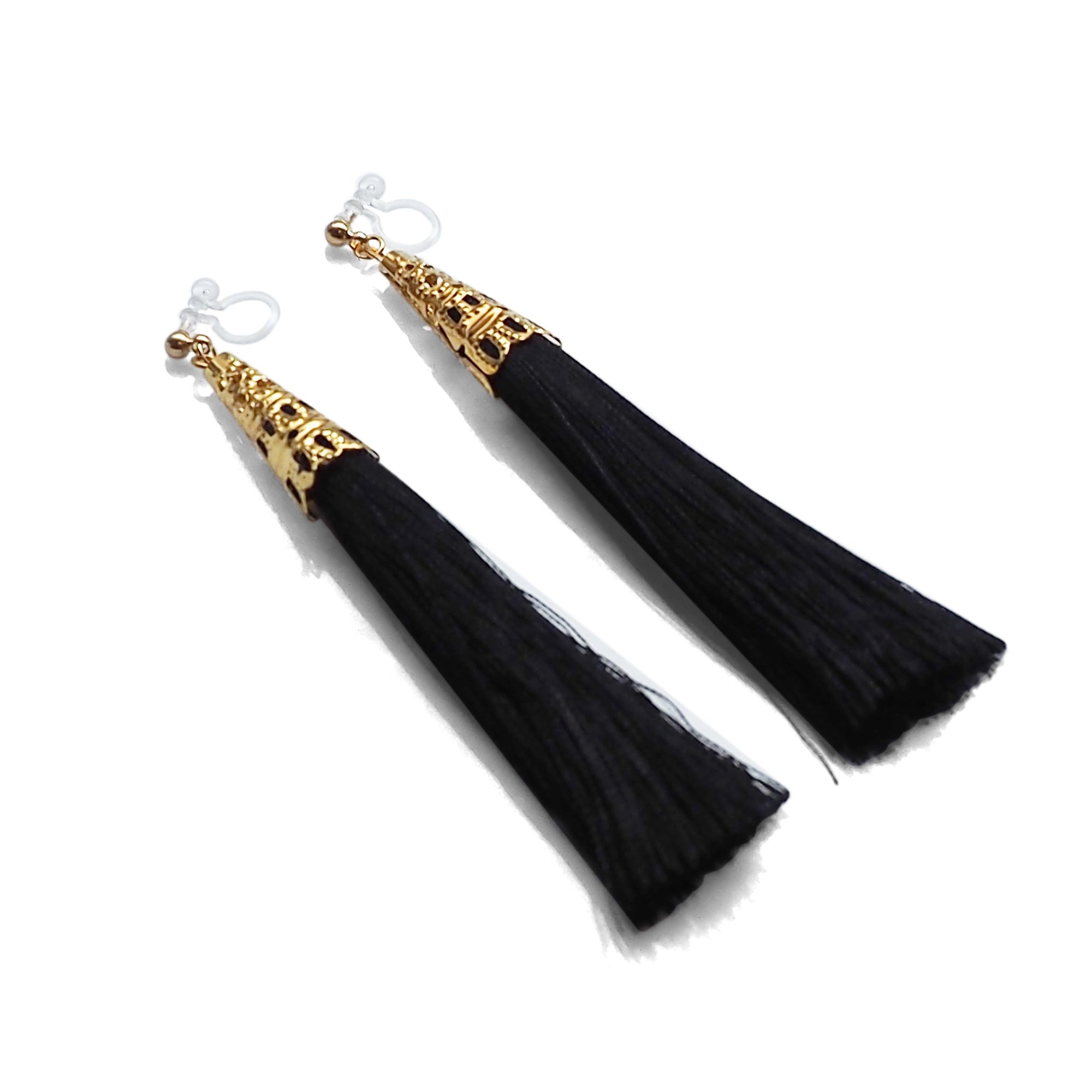 Long Black Tassel Invisible Clip On Earrings - miyabigracejewelry.com