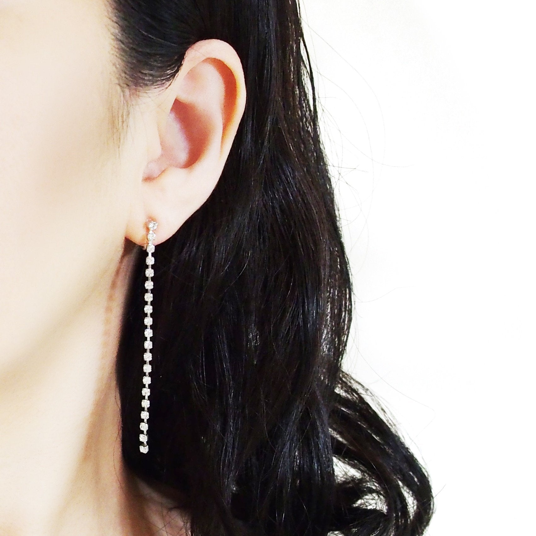 Dangle Long Crystal Chain Invisible Clip On Earrings - Miyabi Grace