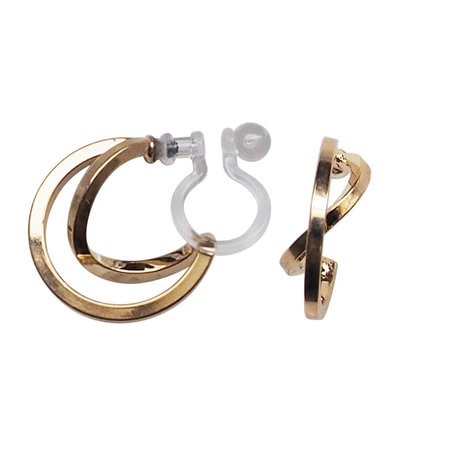Gold Huggie Crossed Invisible Clip On Hoop Earrings - Miyabi Grace