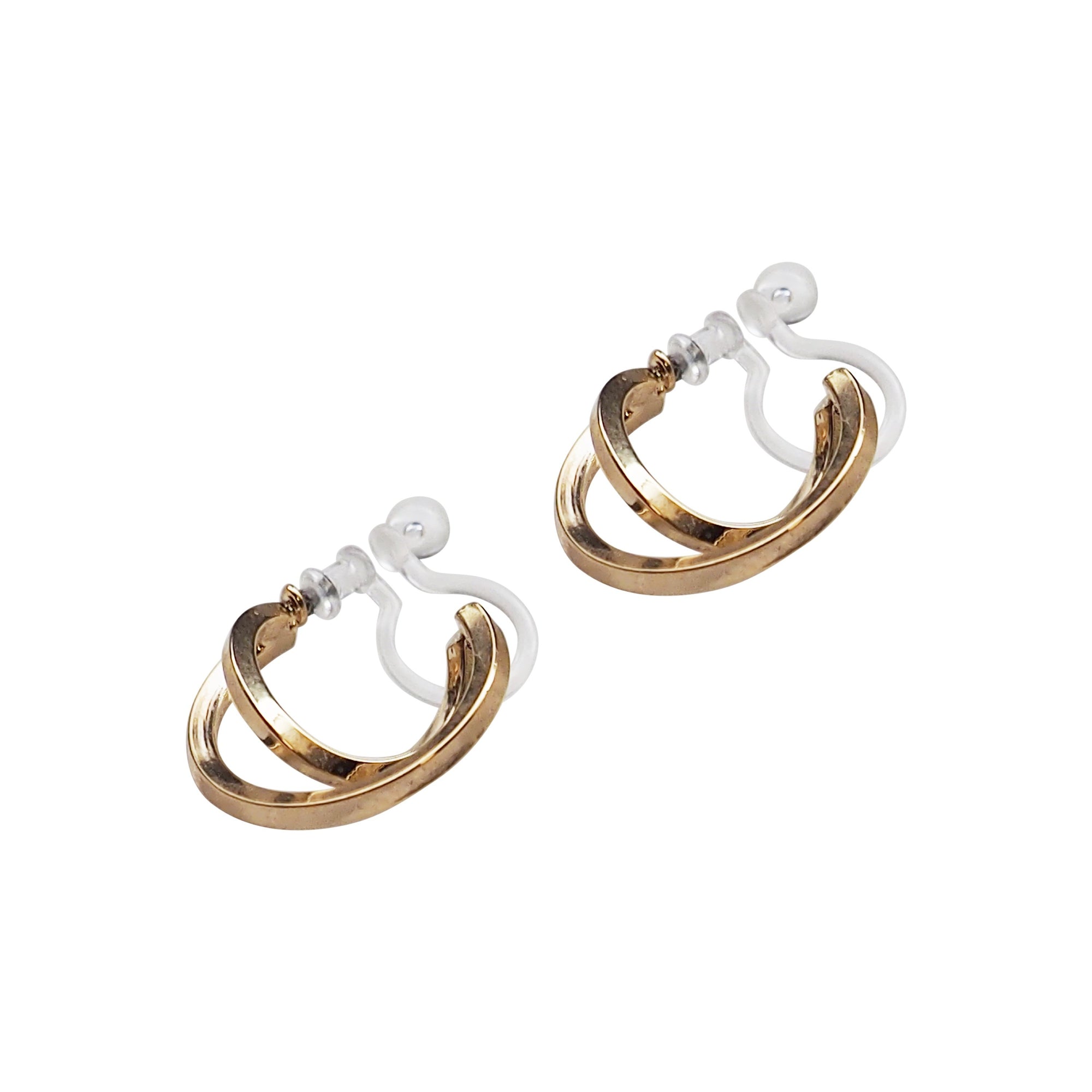 Gold Huggie Crossed Invisible Clip On Hoop Earrings - Miyabi Grace