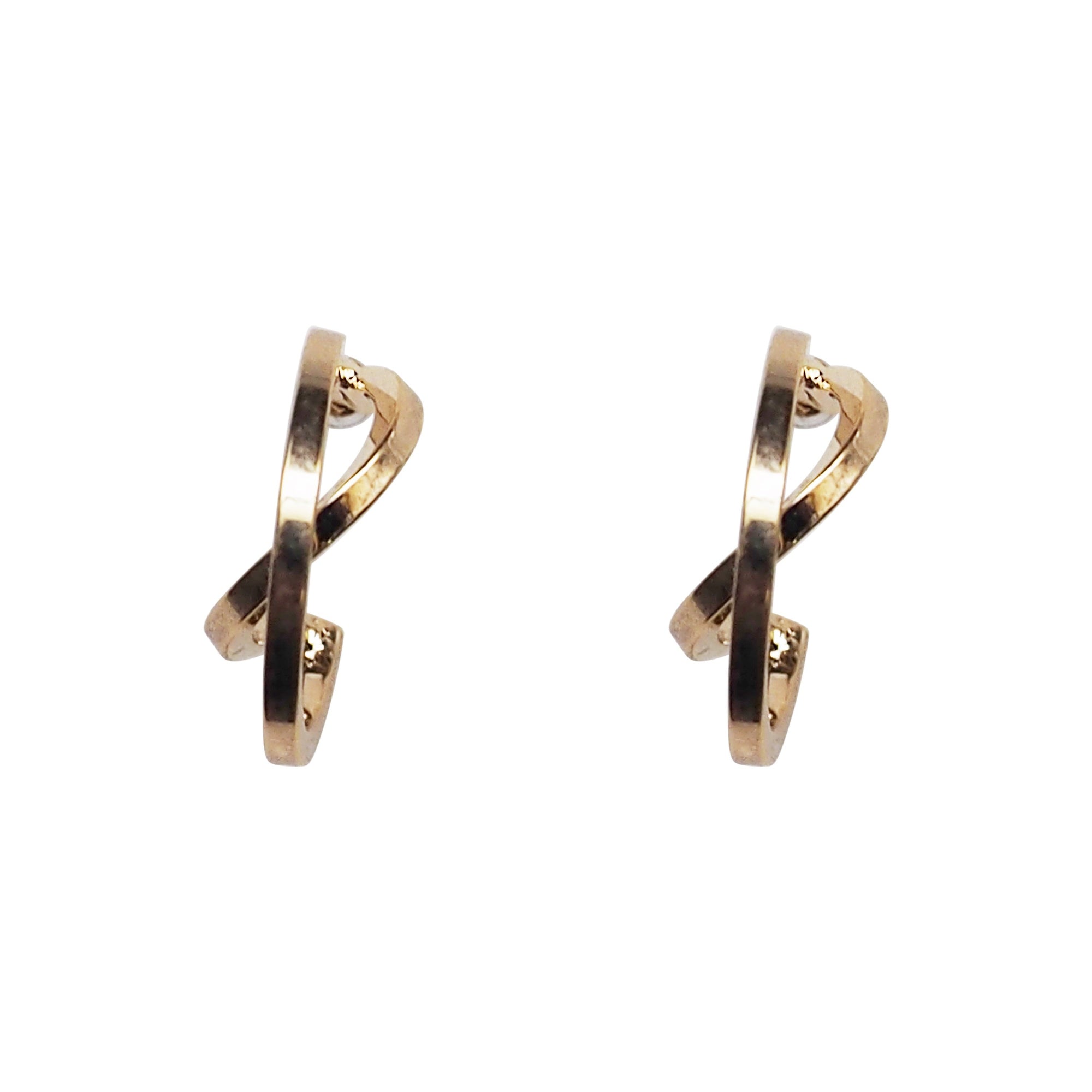 Gold Huggie Crossed Invisible Clip On Hoop Earrings - Miyabi Grace