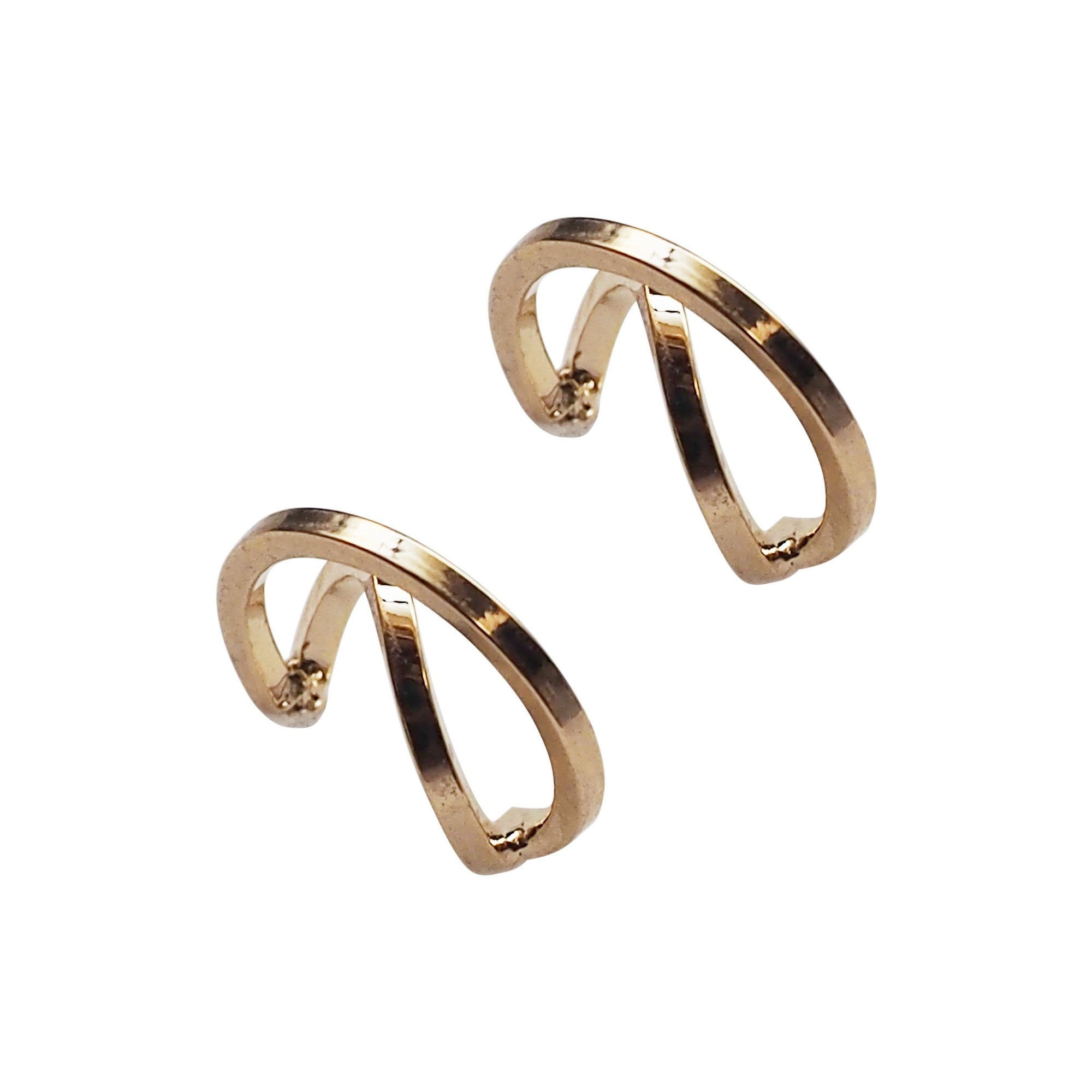 Gold Huggie Crossed Invisible Clip On Hoop Earrings - Miyabi Grace