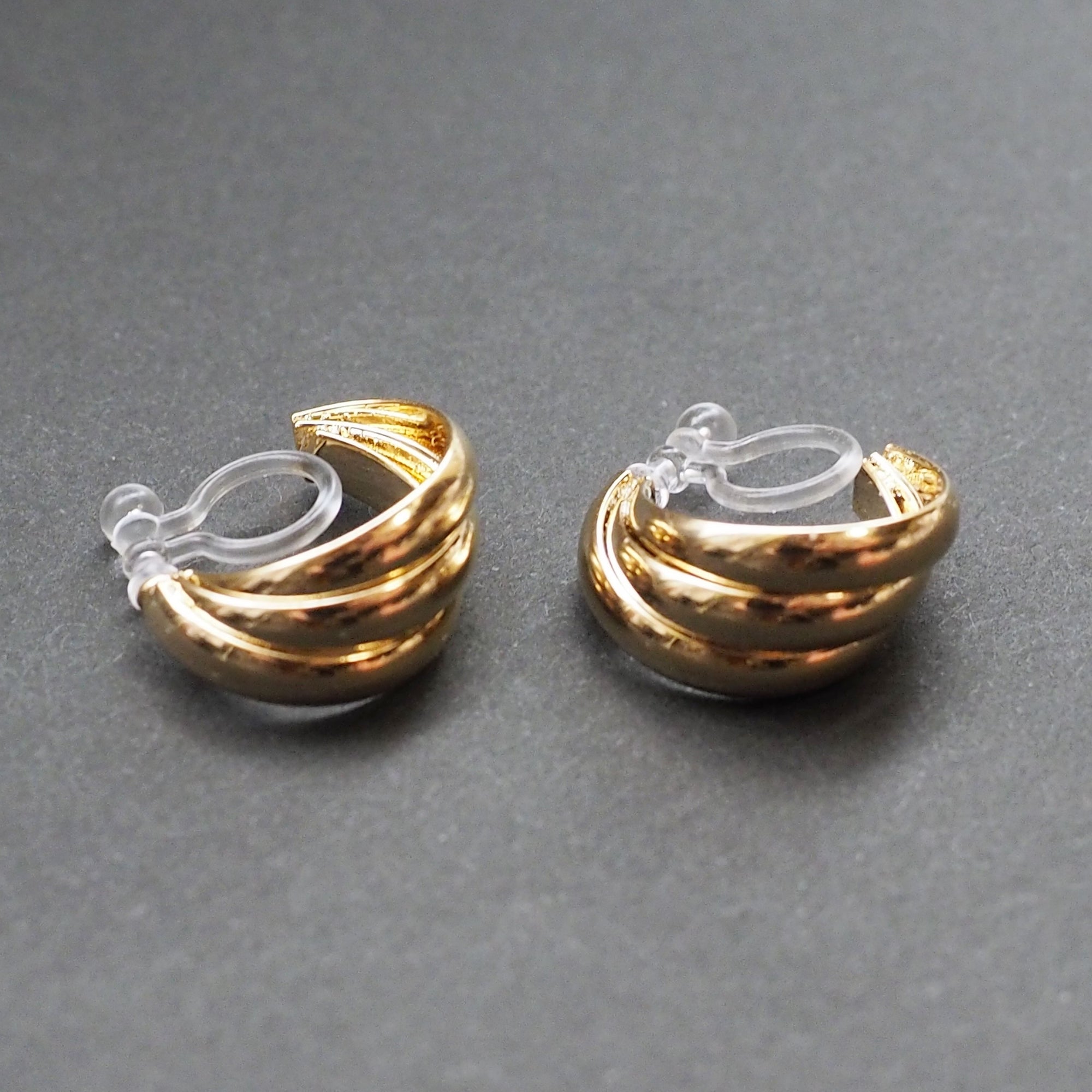 Gold Huggie Triple Invisible Clip On Hoop Earrings - Miyabi Grace