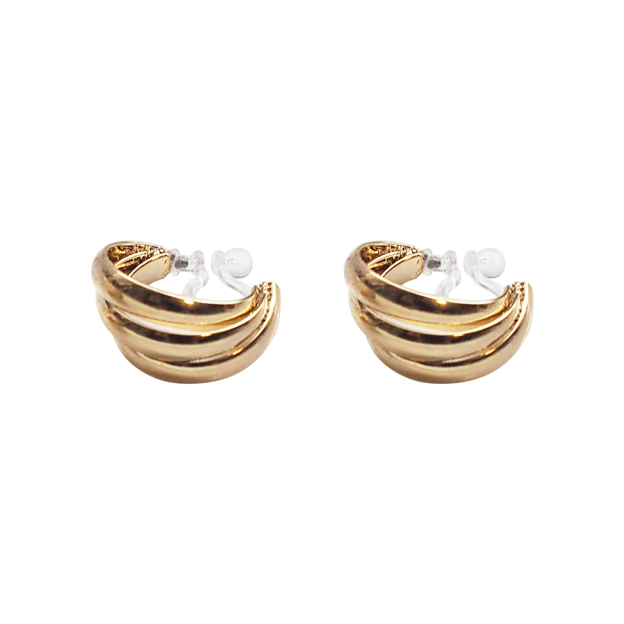 Gold Huggie Triple Invisible Clip On Hoop Earrings - Miyabi Grace