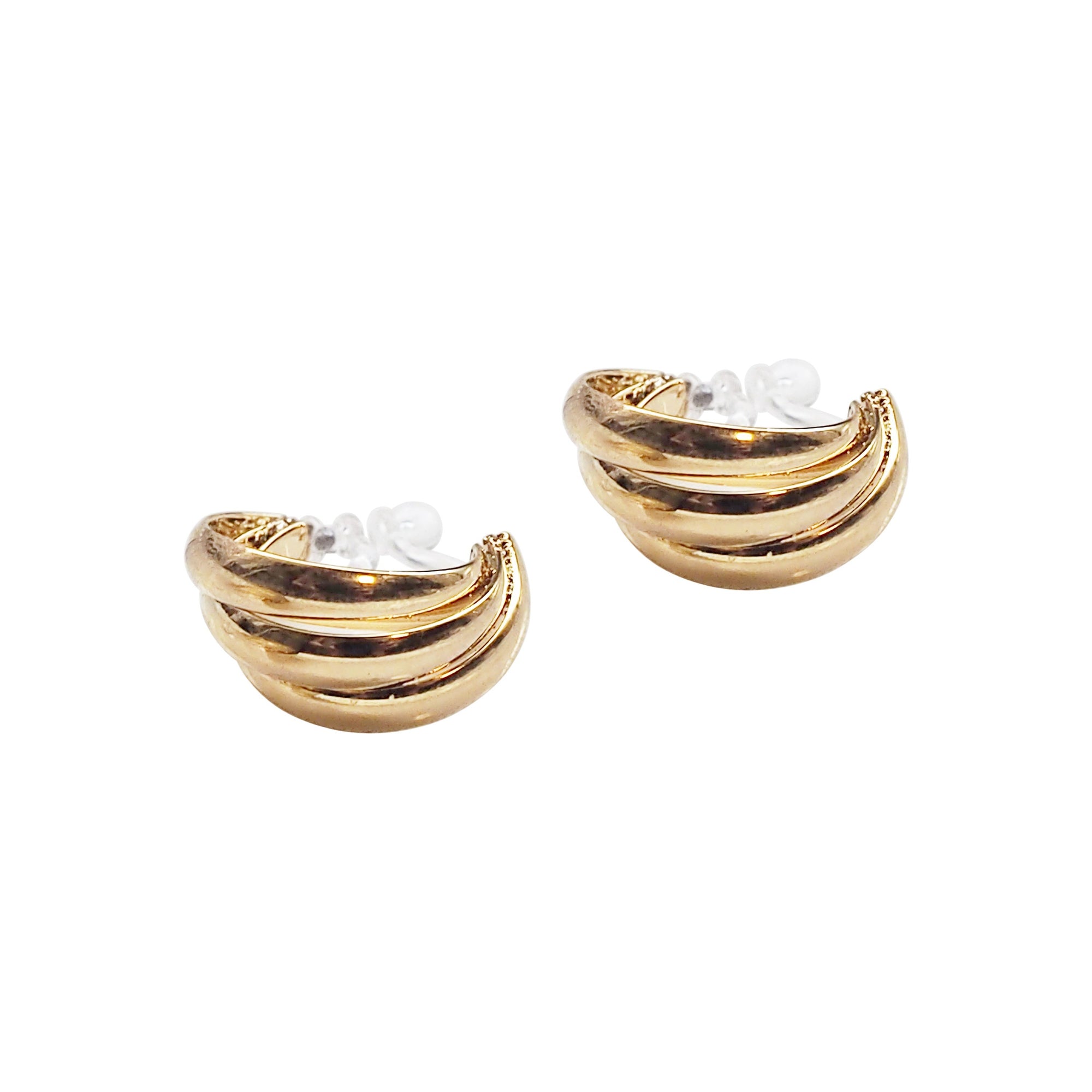 Gold Huggie Triple Invisible Clip On Hoop Earrings - Miyabi Grace