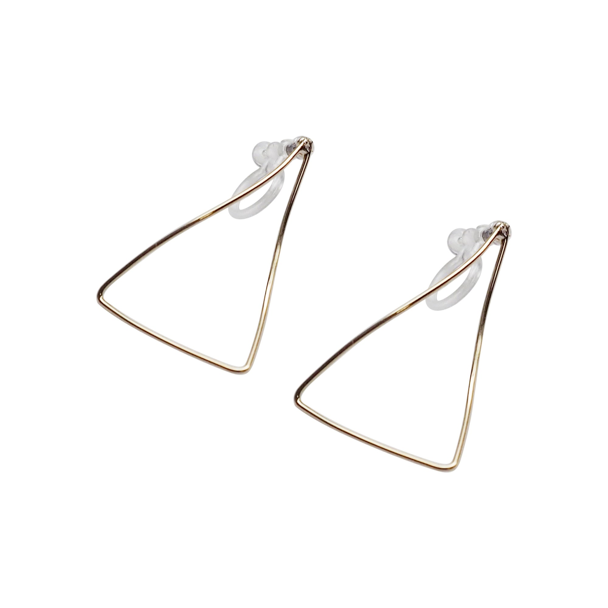 Gold Distorted Triangle Hoops Invisible Clip On Stud Earrings - Miyabi Grace