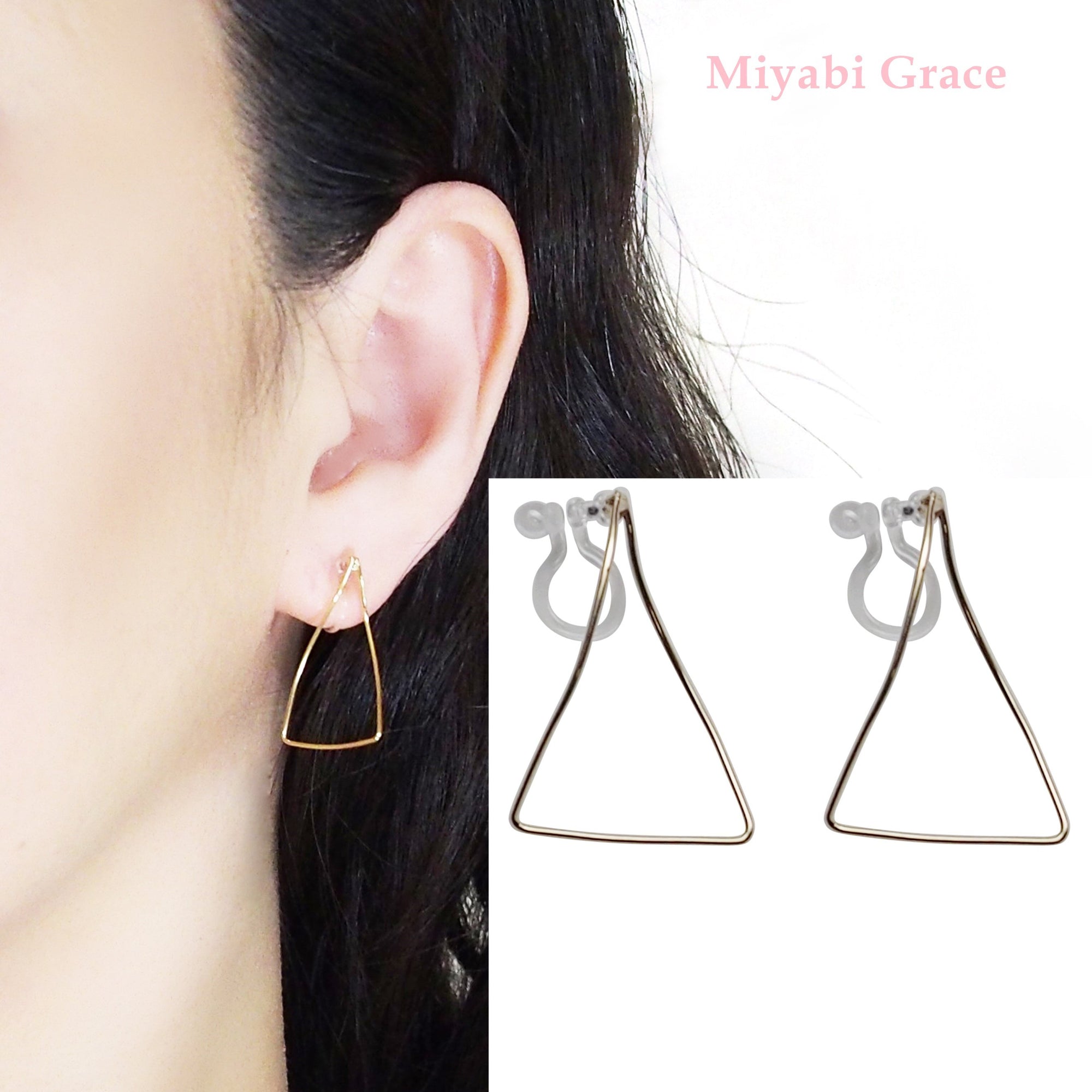 Gold Distorted Triangle Hoops Invisible Clip On Stud Earrings - Miyabi Grace