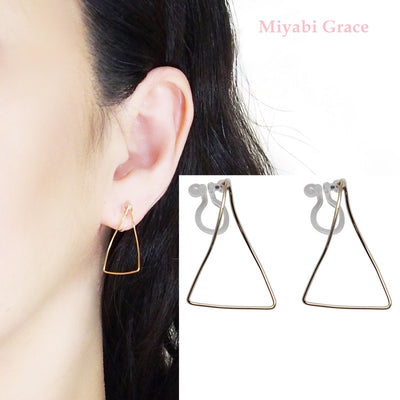 Gold Distorted Triangle Hoops Invisible Clip On Stud Earrings - Miyabi Grace