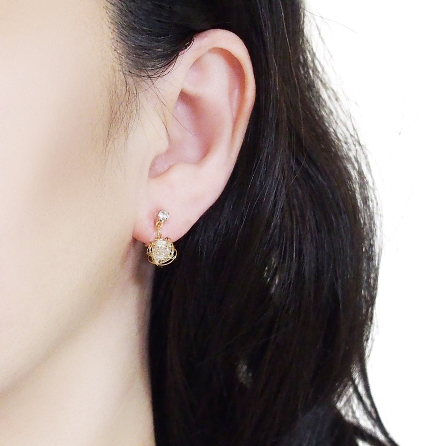 Dangle Gold Mesh Ball with Cubic Zirconia Crystal Invisible Clip On Earrings - Miyabi Grace