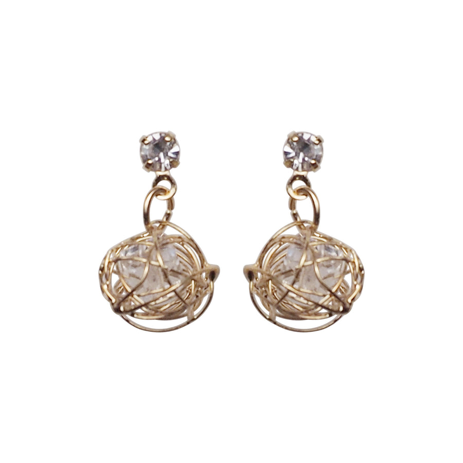 Dangle Gold Mesh Ball with Cubic Zirconia Crystal Invisible Clip On Earrings - Miyabi Grace
