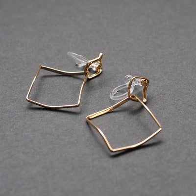 Dangle Gold Distorted Square Hoop Invisible Clip On Earrings - Miyabi Grace