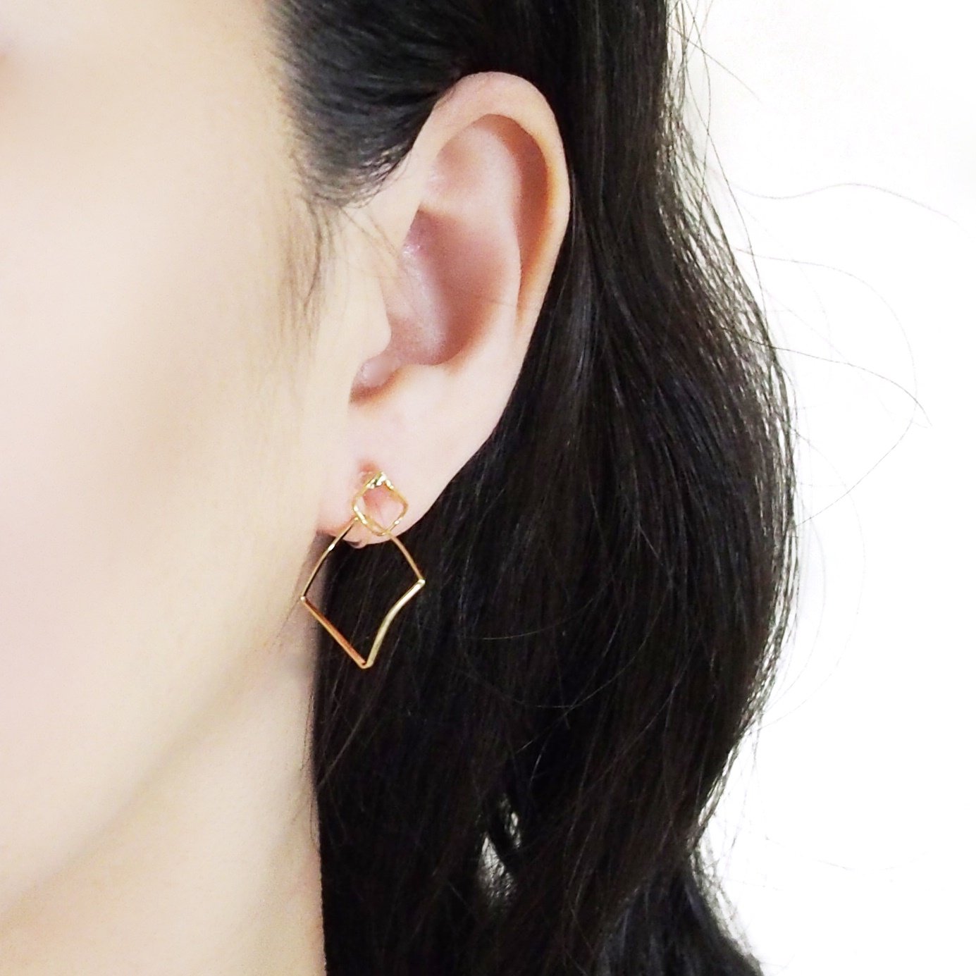 Dangle Gold Distorted Square Hoop Invisible Clip On Earrings - Miyabi Grace