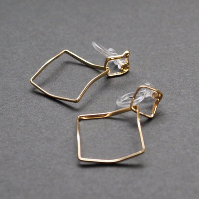 Dangle Gold Distorted Square Hoop Invisible Clip On Earrings - Miyabi Grace