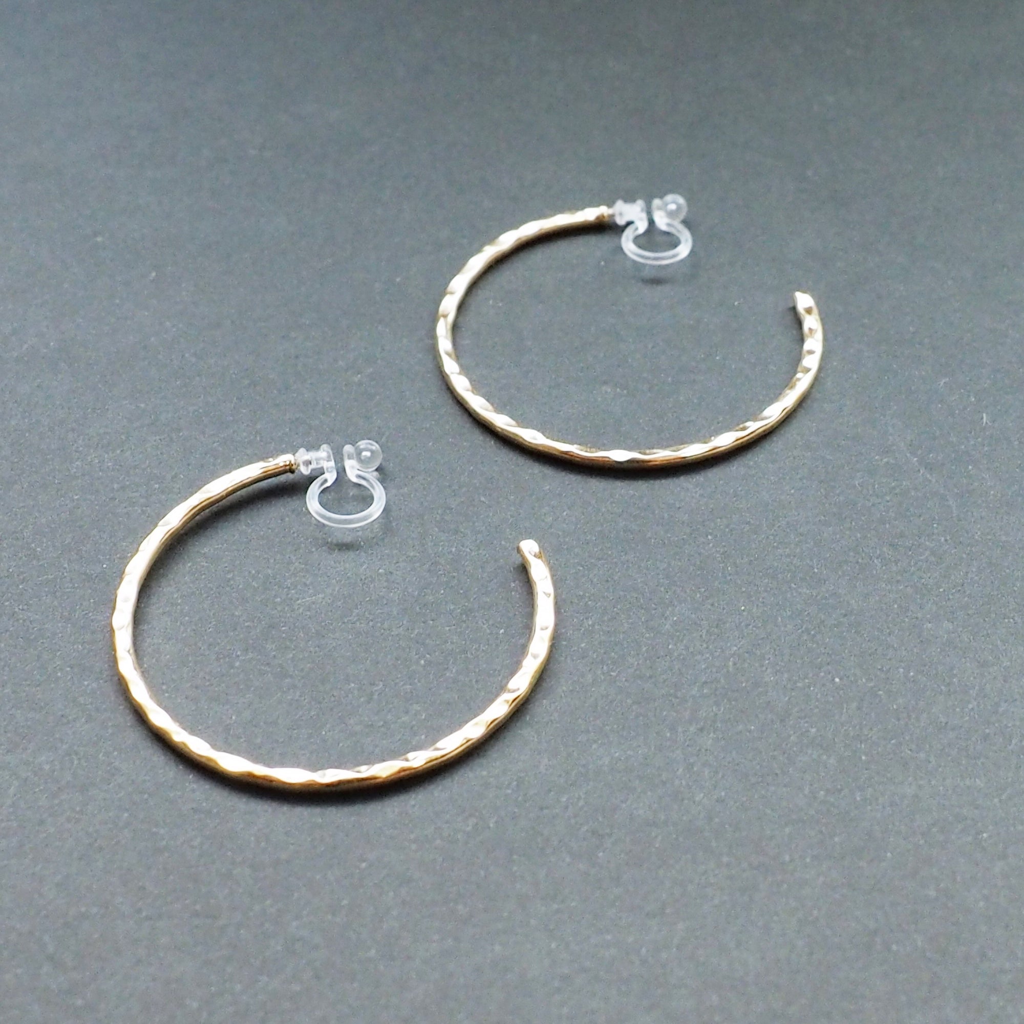 Gold Large Textured Invisible Clip On Hoop Earrings - Miyabi Grace