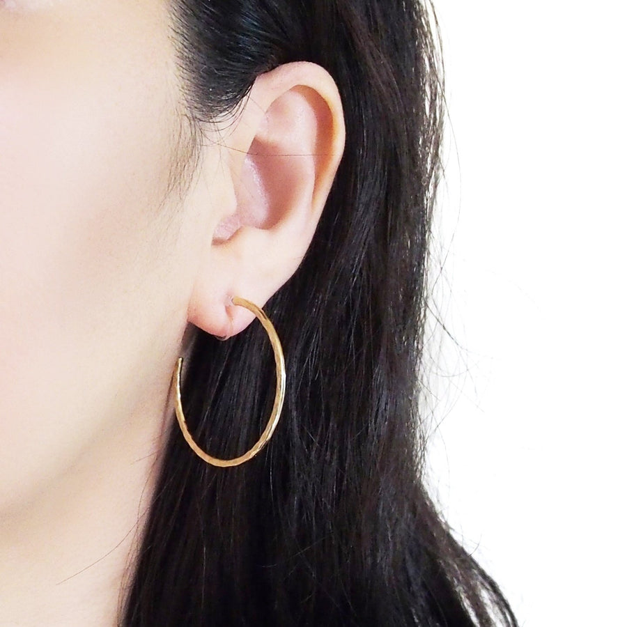Gold Large Textured Invisible Clip On Hoop Earrings - Miyabi Grace