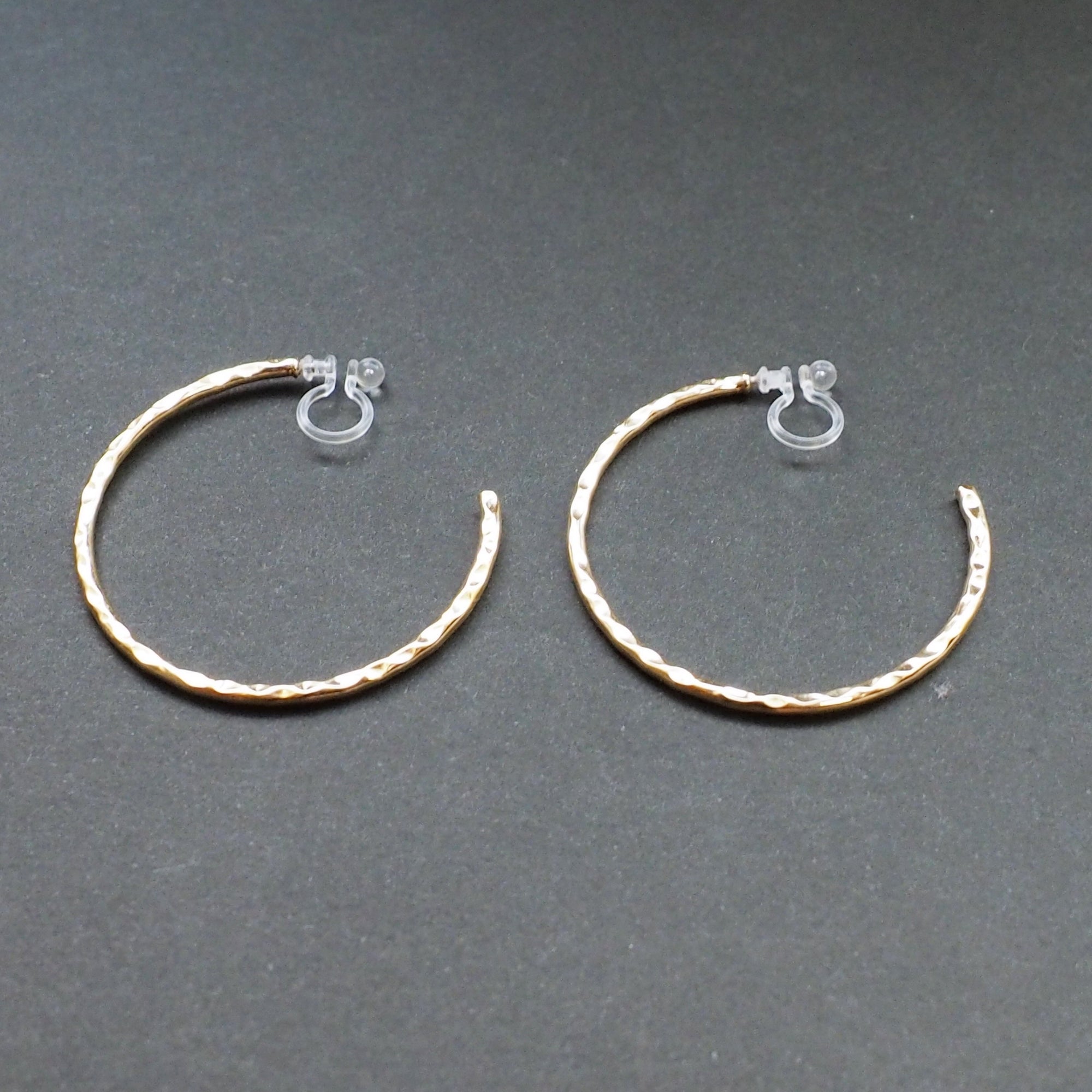 Gold Large Textured Invisible Clip On Hoop Earrings - Miyabi Grace