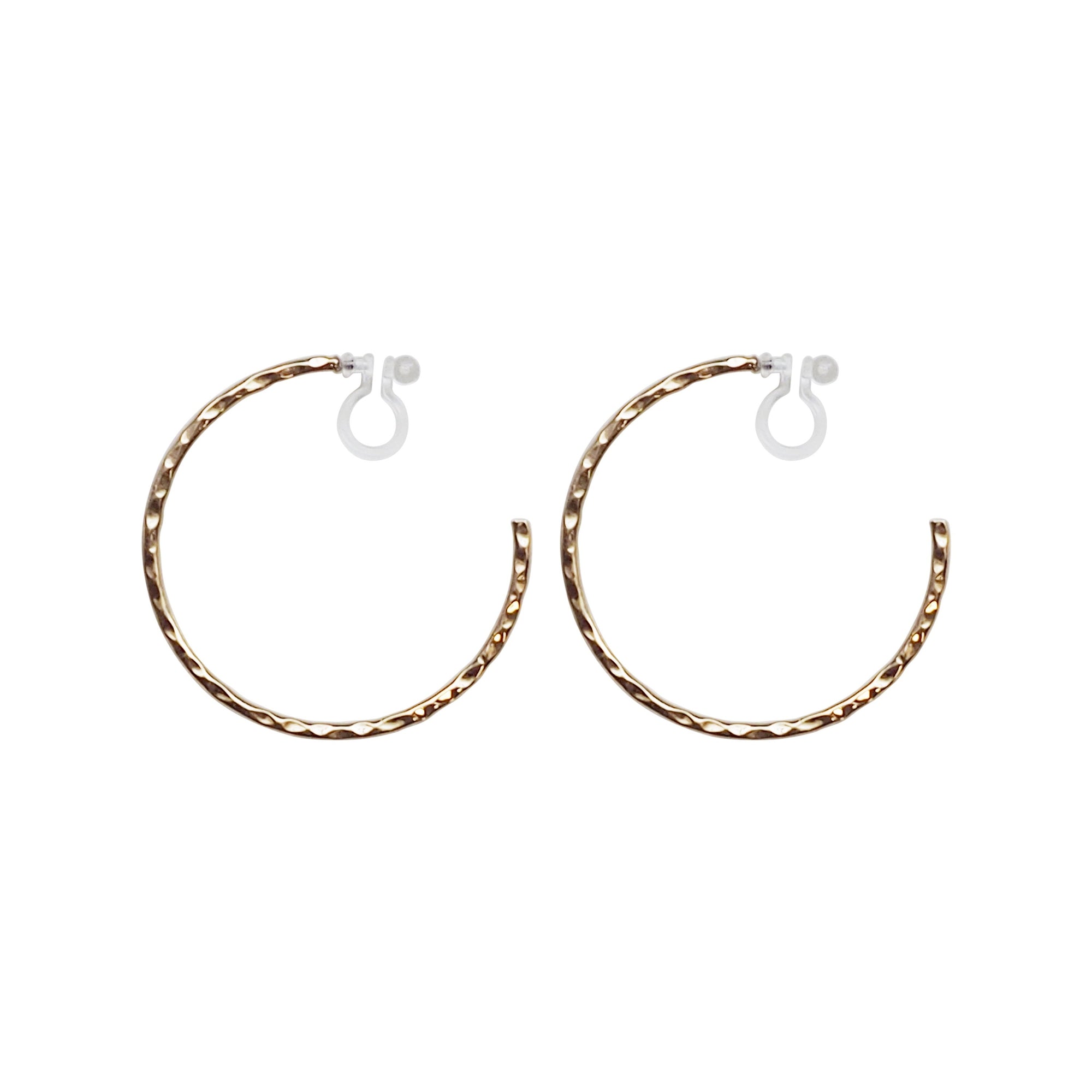 Gold Large Textured Invisible Clip On Hoop Earrings - Miyabi Grace