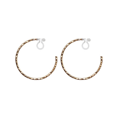 Gold Large Textured Invisible Clip On Hoop Earrings - Miyabi Grace