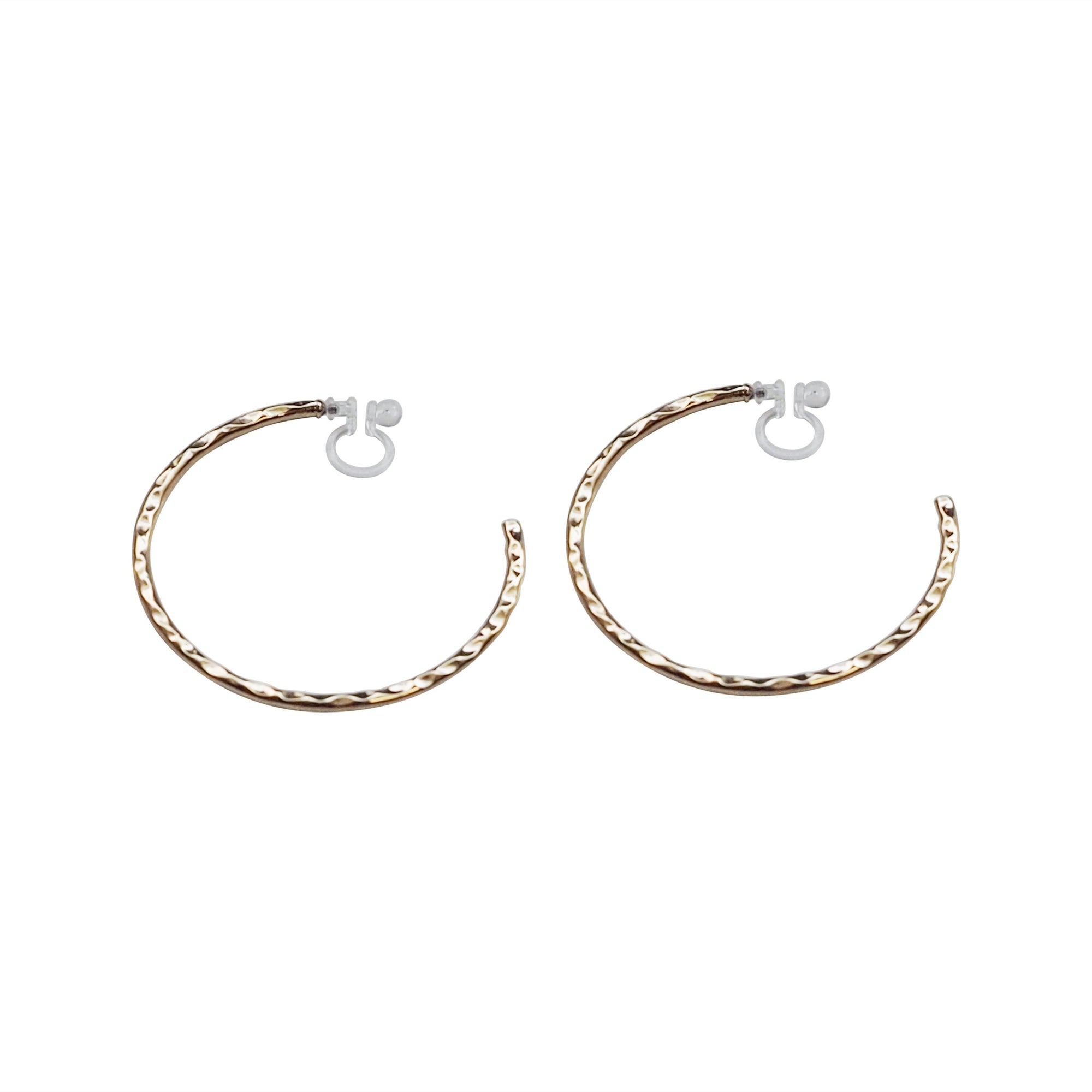 Gold Large Textured Invisible Clip On Hoop Earrings - Miyabi Grace