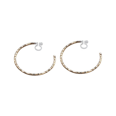 Gold Large Textured Invisible Clip On Hoop Earrings - Miyabi Grace