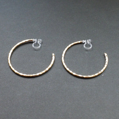 Gold Large Textured Invisible Clip On Hoop Earrings - Miyabi Grace