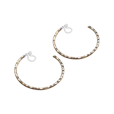 Gold Large Textured Invisible Clip On Hoop Earrings - Miyabi Grace