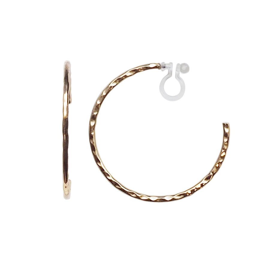 Gold Large Textured Invisible Clip On Hoop Earrings - Miyabi Grace