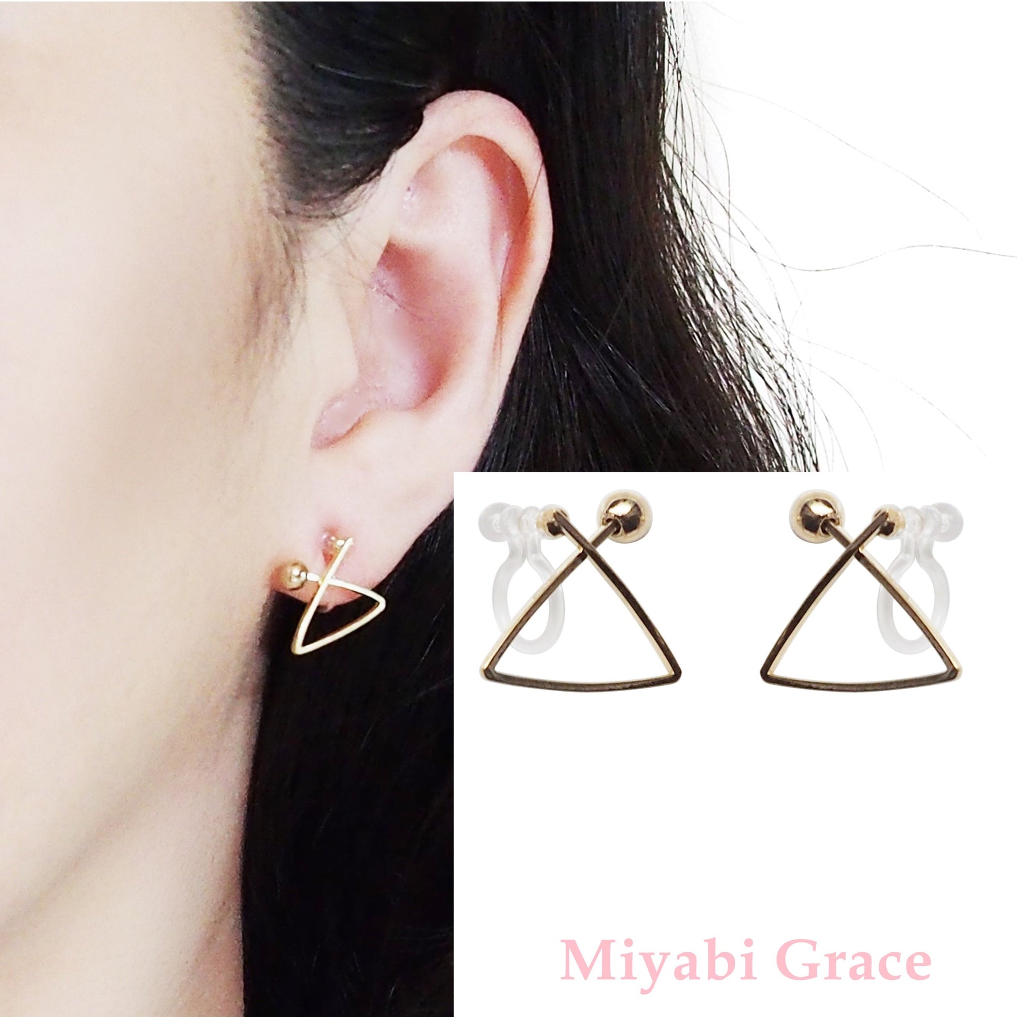 Gold Geometric Triangle Invisible Clip On Stud Earrings - Miyabi Grace