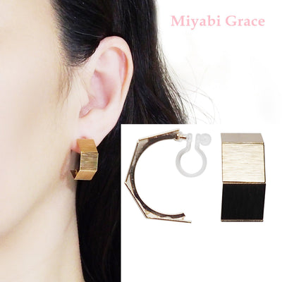 Gold Wide Curved Invisible Clip On Hoop Earrings - Miyabi Grace