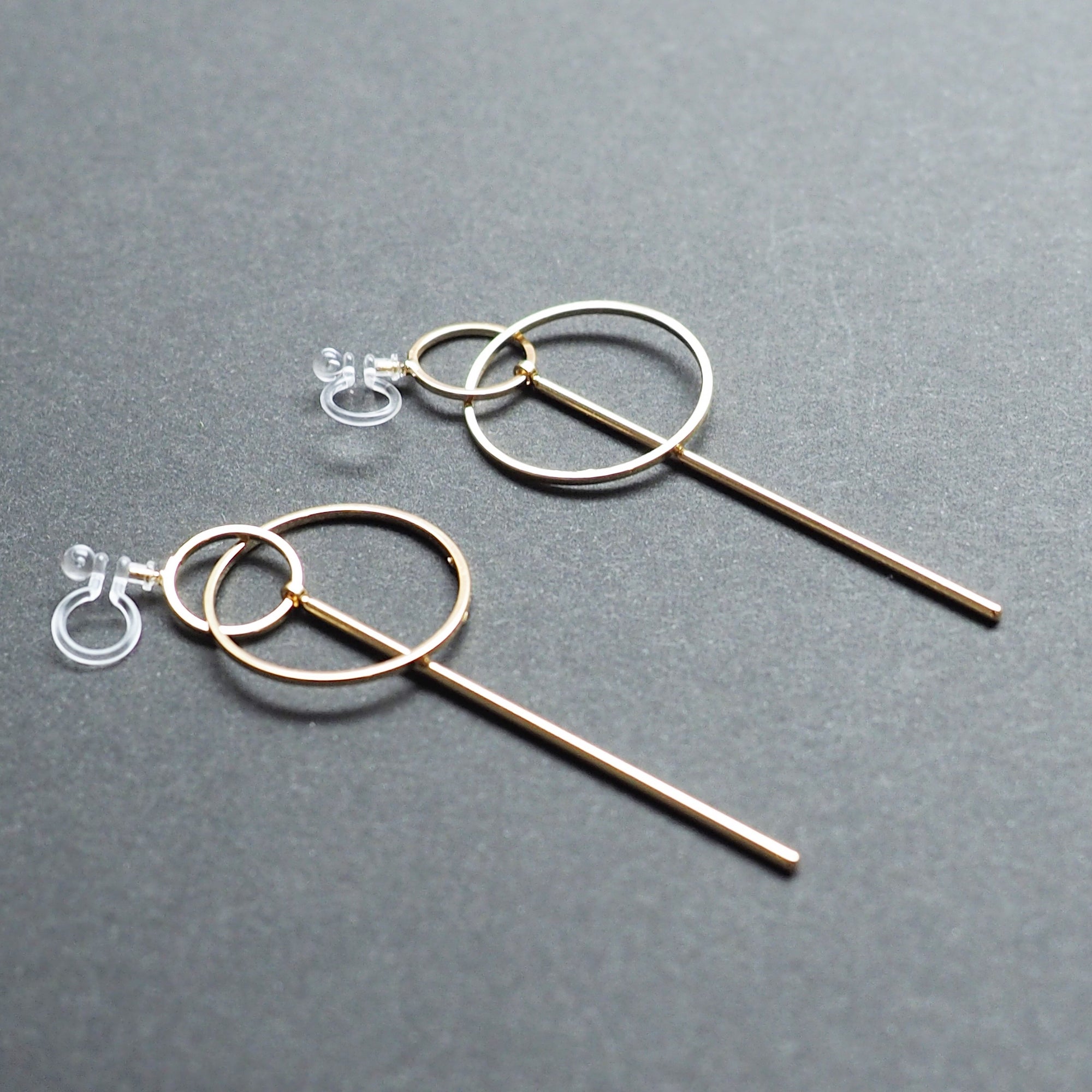 Double hoop with bar invisible clip on stud earrings ( Gold tone ) - miyabigracejewelry.com