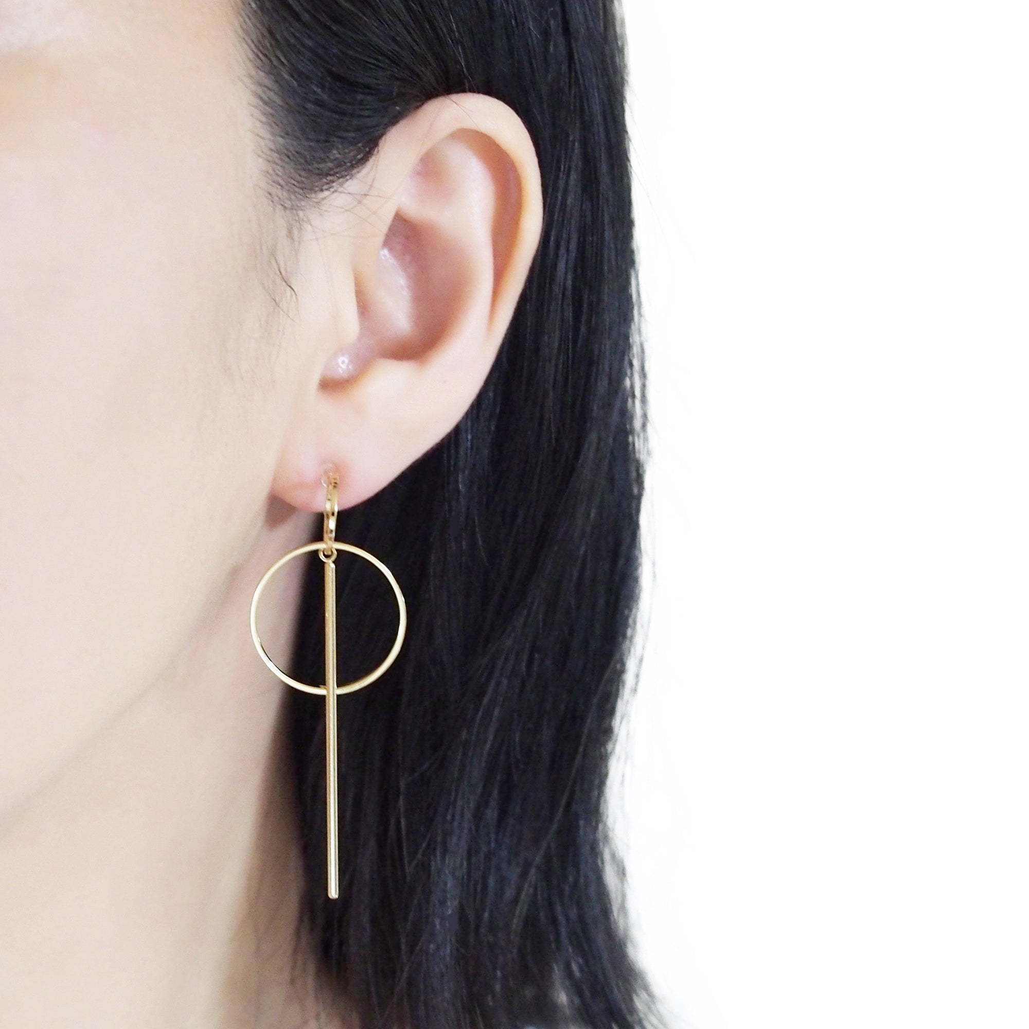 Double hoop with bar invisible clip on stud earrings ( Gold tone ) - miyabigracejewelry.com
