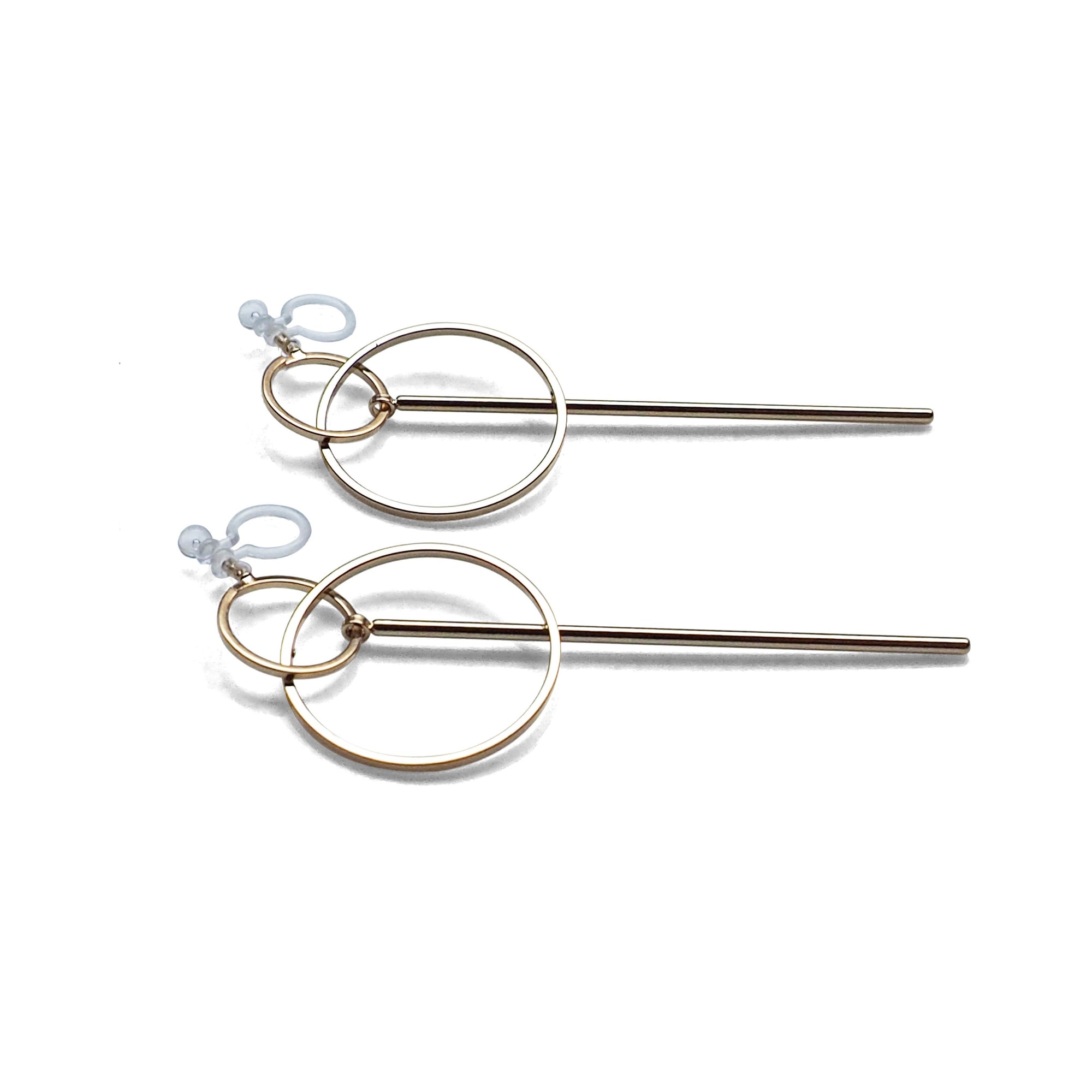 Double hoop with bar invisible clip on stud earrings ( Gold tone ) - miyabigracejewelry.com