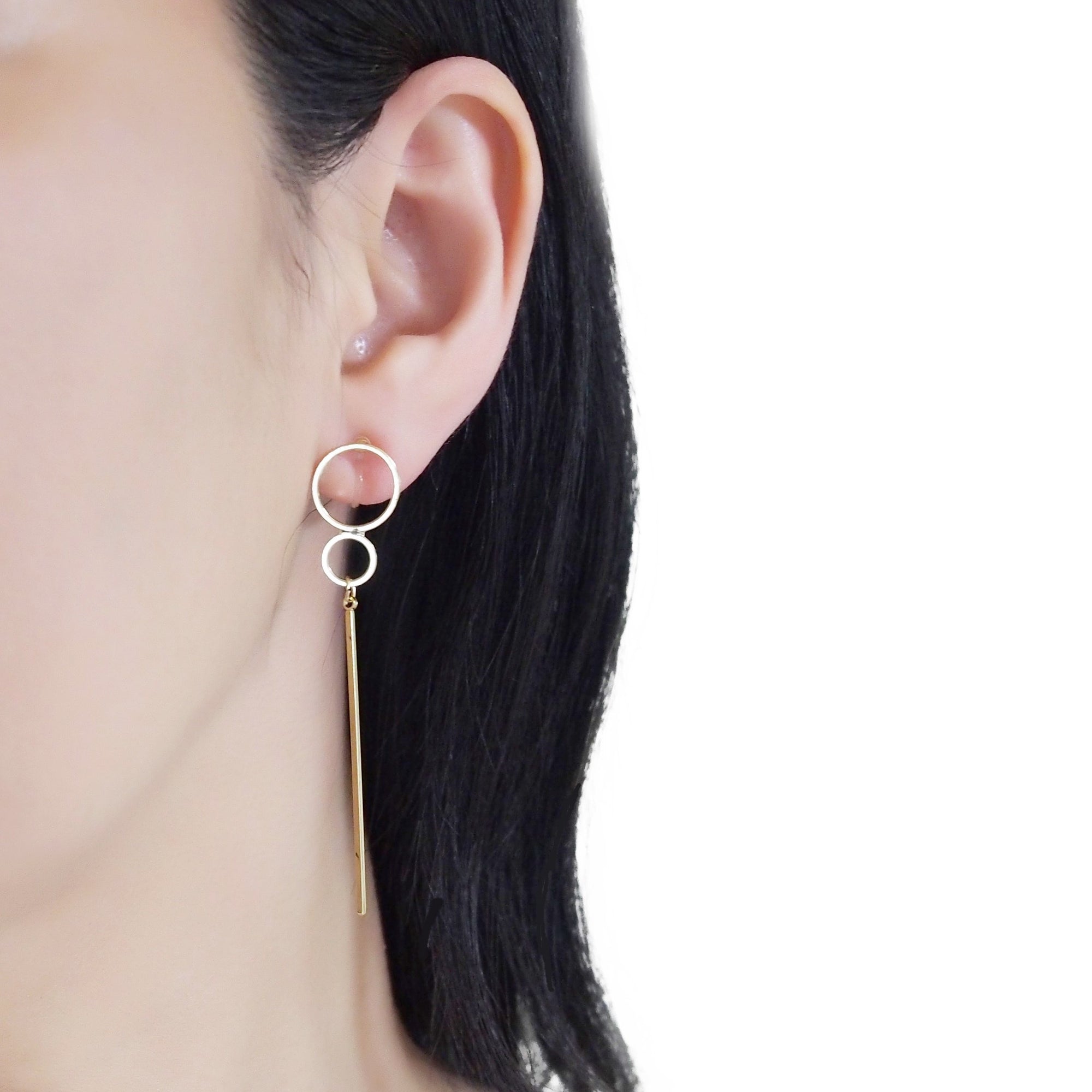 Double hoop with long bar invisible clip on stud earrings ( Gold tone ) - miyabigracejewelry.com