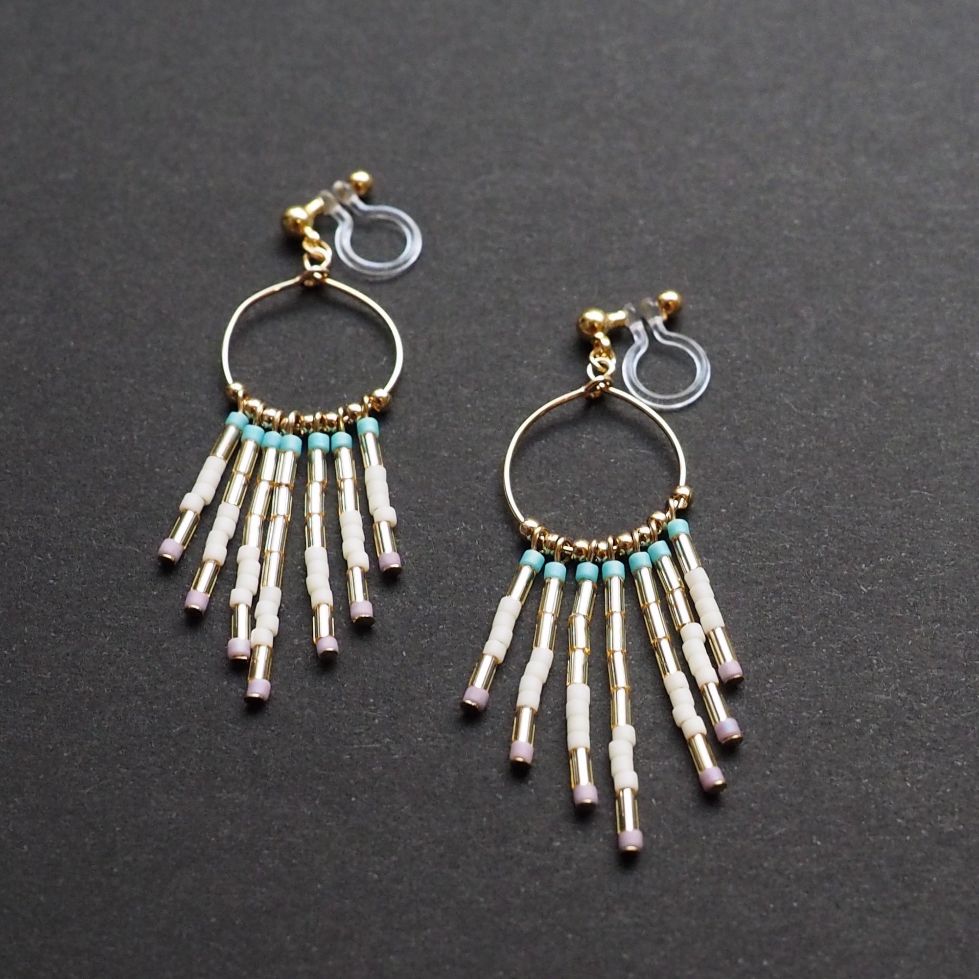 Hoop and beaded fringe invisible clip on earrings ( Gold tone ) - miyabigracejewelry.com