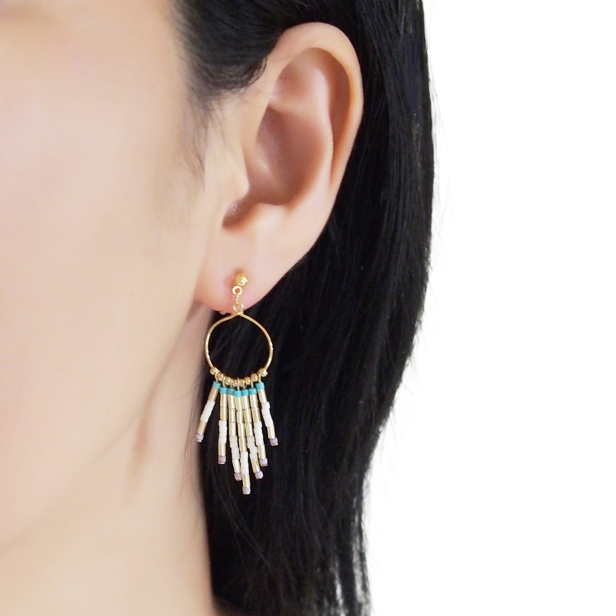 Hoop and beaded fringe invisible clip on earrings ( Gold tone ) - miyabigracejewelry.com