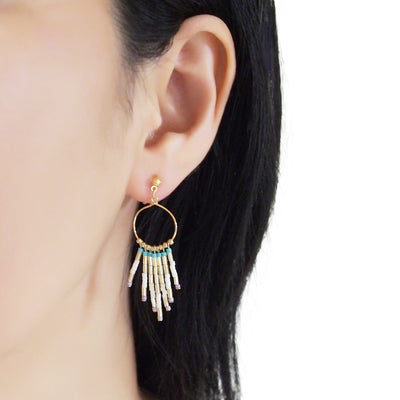 Hoop and beaded fringe invisible clip on earrings ( Gold tone ) - miyabigracejewelry.com