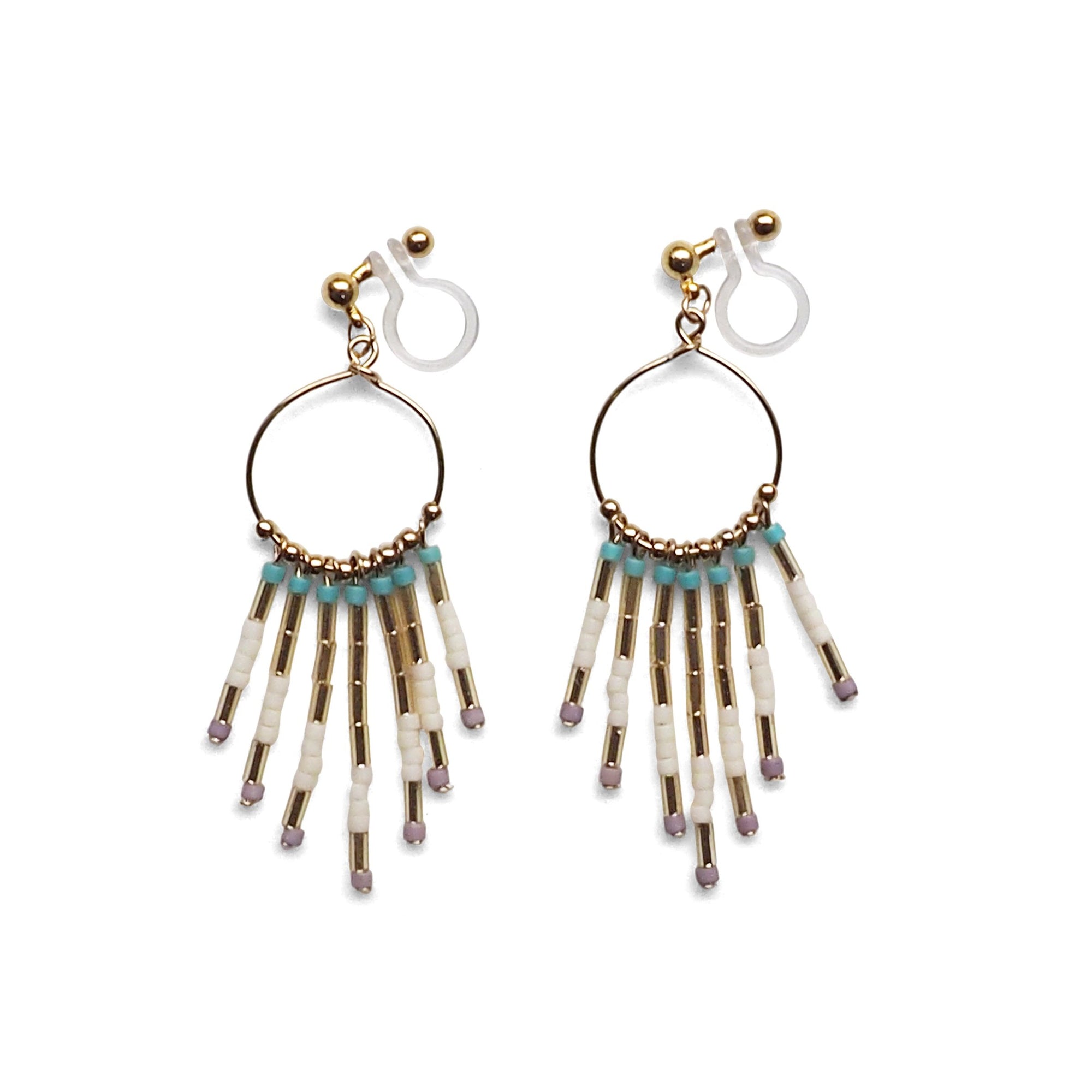 Hoop and beaded fringe invisible clip on earrings ( Gold tone ) - miyabigracejewelry.com