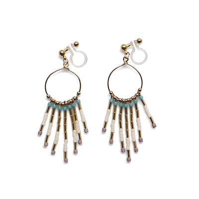 Hoop and beaded fringe invisible clip on earrings ( Gold tone ) - miyabigracejewelry.com