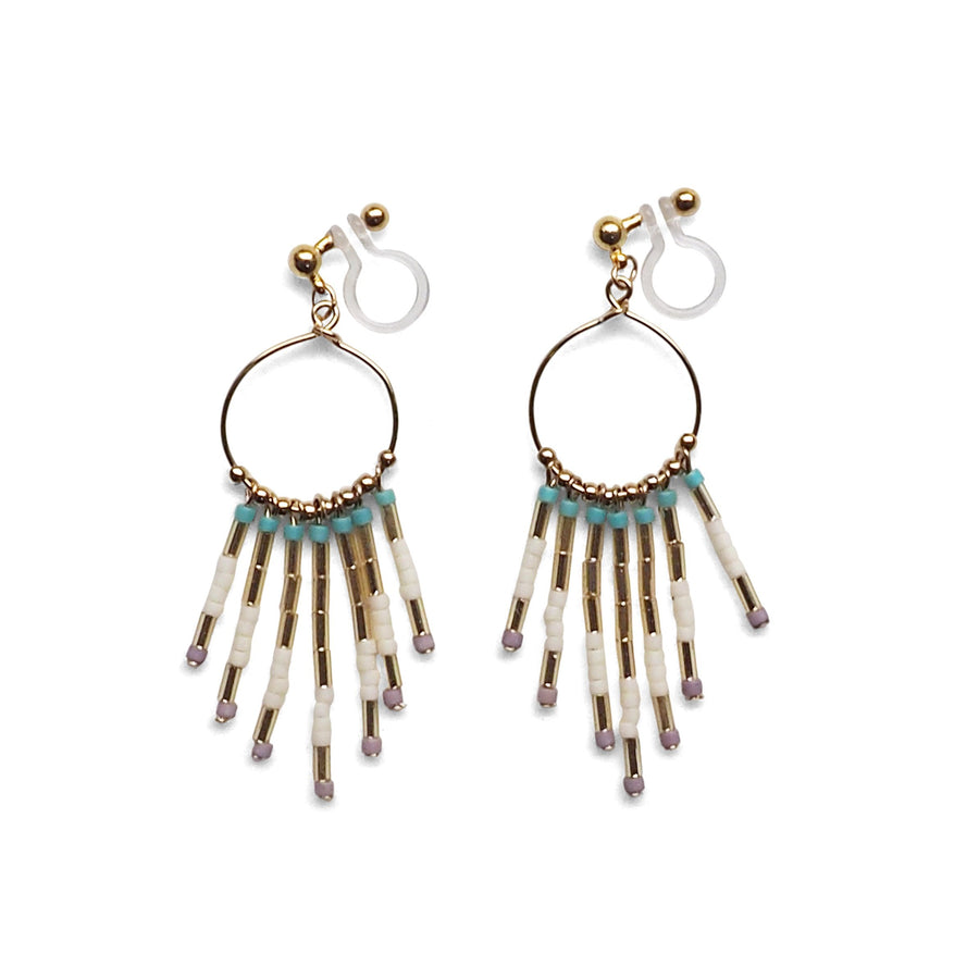 Hoop and beaded fringe invisible clip on earrings ( Gold tone ) - miyabigracejewelry.com