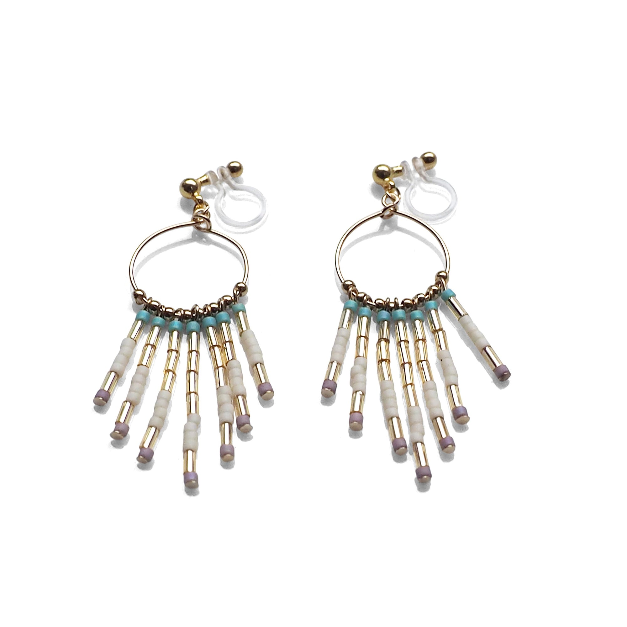Hoop and beaded fringe invisible clip on earrings ( Gold tone ) - miyabigracejewelry.com