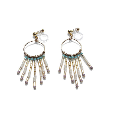 Hoop and beaded fringe invisible clip on earrings ( Gold tone ) - miyabigracejewelry.com