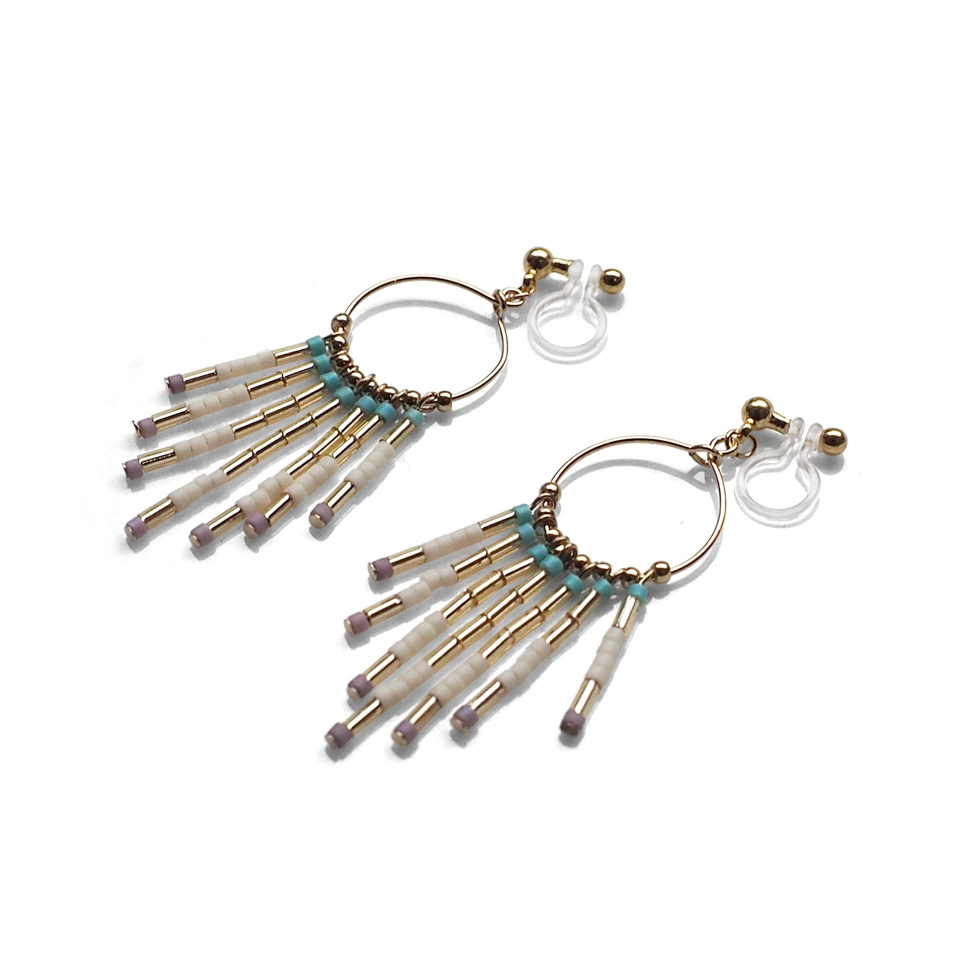 Hoop and beaded fringe invisible clip on earrings ( Gold tone ) - miyabigracejewelry.com