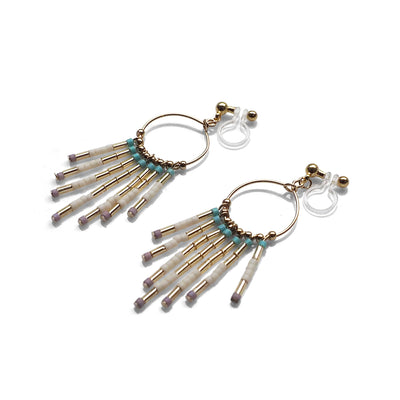 Hoop and beaded fringe invisible clip on earrings ( Gold tone ) - miyabigracejewelry.com