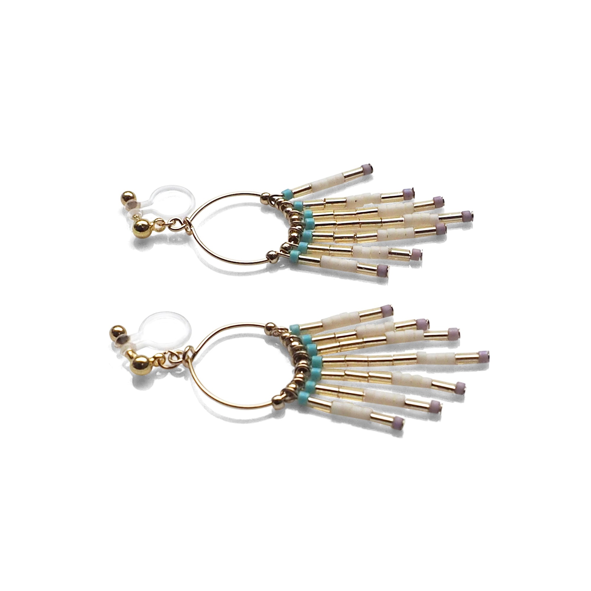Hoop and beaded fringe invisible clip on earrings ( Gold tone ) - miyabigracejewelry.com