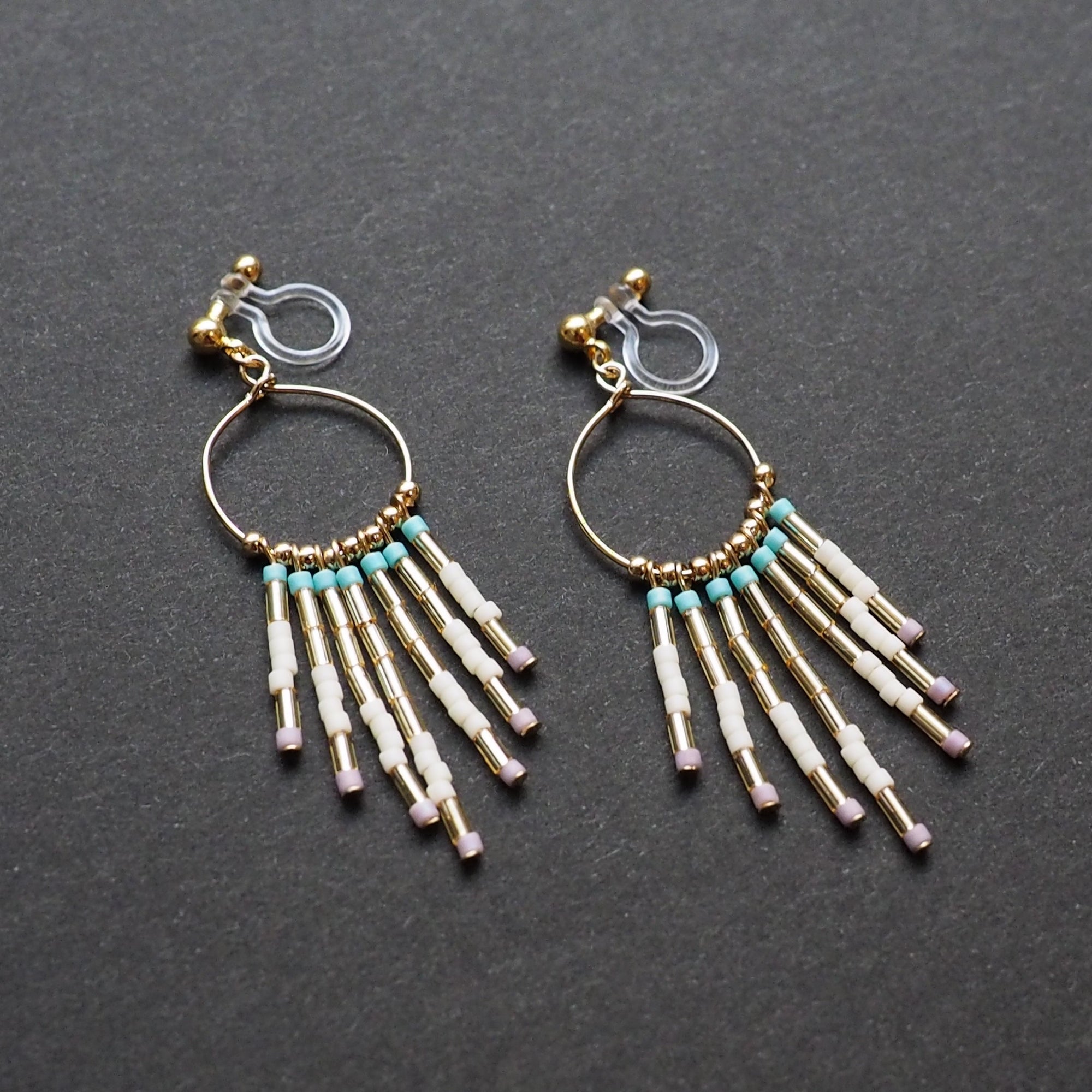 Hoop and beaded fringe invisible clip on earrings ( Gold tone ) - miyabigracejewelry.com